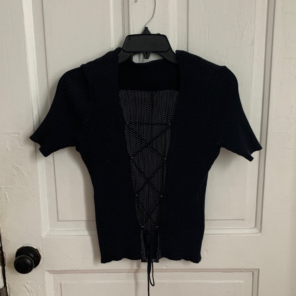 Vintage Black Short Sleeve Knit Top with Lace-Up Detail